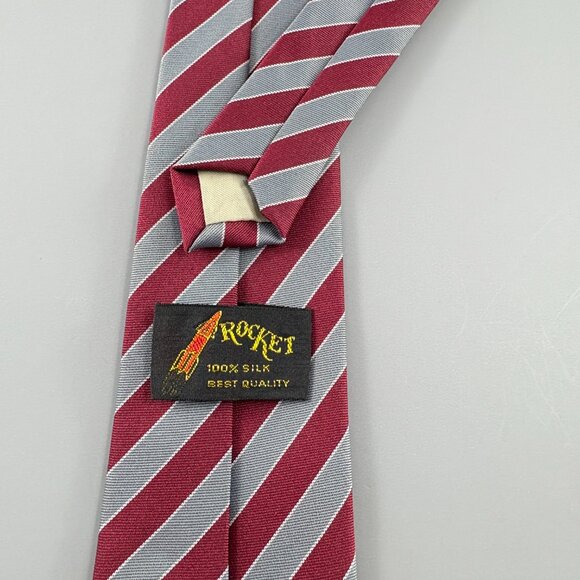 Rocket Red / Grey Striped Men's Tie 3" x 57" Vintage - Picture 3 of 3